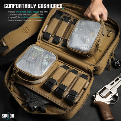 Comfortably Cushioned - Internally lined with 600D fabric, the two compartments will keep you pistols snug with its soft-touch cushioning. Firearms & accessories shown not included.#color_dark-fde