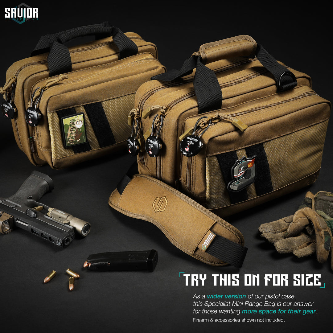 Try This On For Size - As a wider version of our Pistol Case, this Specialist Mini Range Bag is our answer for those wanting more space for their gear. Firearms & accessories shown not included.#color_dark-fde