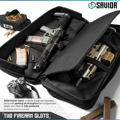 Two Rifle Slots - 600D interior fabric, a Savior Equipment standard, along with padding all throughout the compartment keeps your firearms fully protected. Accessories shown not included.