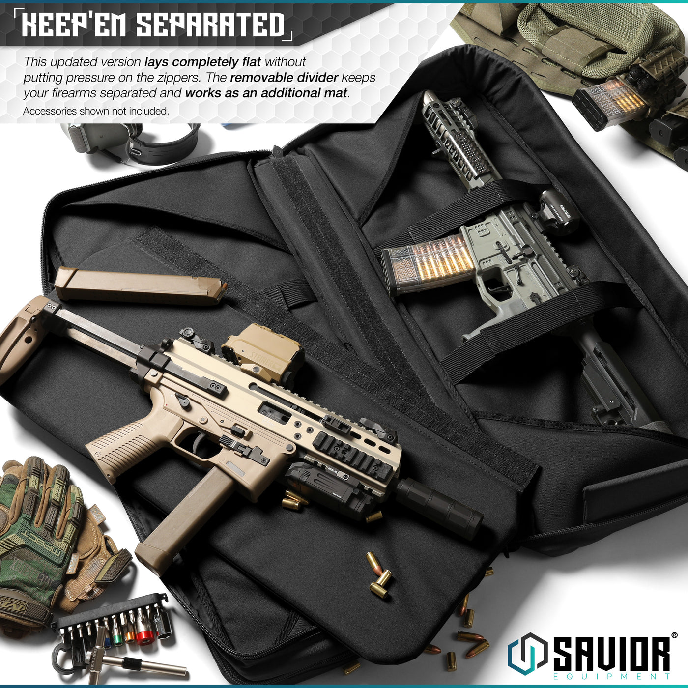 Keep'Em Separated - This updated version lays completely flat without putting pressure on the zippers. The removable divider keeps your firearms separated and works as an additional mat. Accessories shown not included.