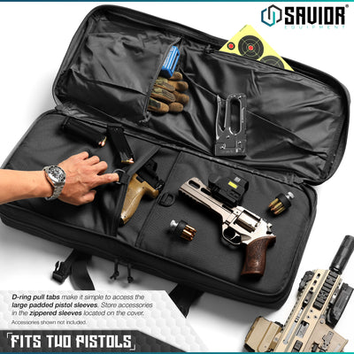 Fits Two Pistols - D-ring pull tabs make it simple to access the large padded pistol sleeve. Store accessories in the zippered sleeves located on the cover. Accessories shown not included.