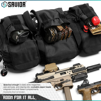 Room For It All - Spacious enough to easily store magazines, ears and eyes, and cleaning kits. Lockable zipper heads integrated into both firearm compartments. Accessories shown not included.#color_obsidian-black