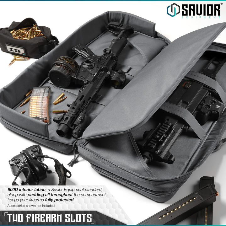 Two Rifle Slots - 600D interior fabric, a Savior Equipment standard, along with padding all throughout the compartment keeps your firearms fully protected. Accessories shown not included.#color_sw-gray