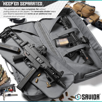 Keep'Em Separated - This updated version lays completely flat without putting pressure on the zippers. The removable divider keeps your firearms separated and works as an additional mat. Accessories shown not included.