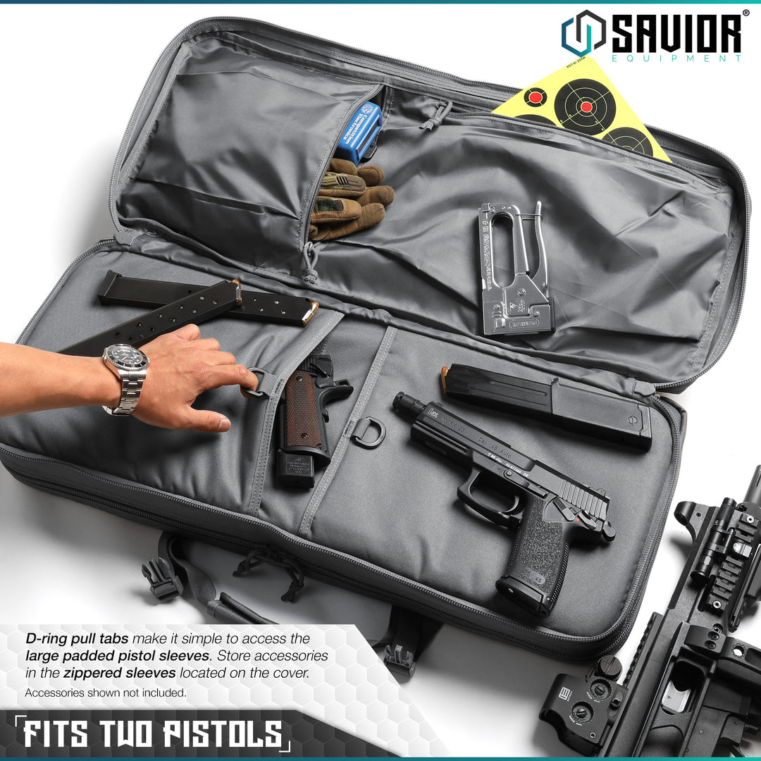 Fits Two Pistols - D-ring pull tabs make it simple to access the large padded pistol sleeve. Store accessories in the zippered sleeves located on the cover. Accessories shown not included.#color_sw-gray