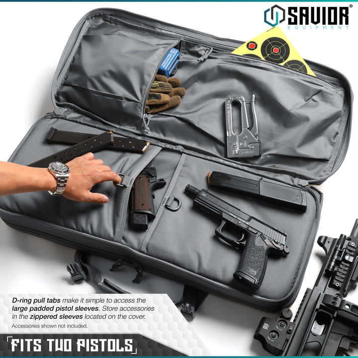 Fits Two Pistols - D-ring pull tabs make it simple to access the large padded pistol sleeve. Store accessories in the zippered sleeves located on the cover. Accessories shown not included.#color_sw-gray