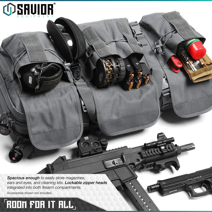 Room For It All - Spacious enough to easily store magazines, ears and eyes, and cleaning kits. Lockable zipper heads integrated into both firearm compartments. Accessories shown not included.#color_sw-gray