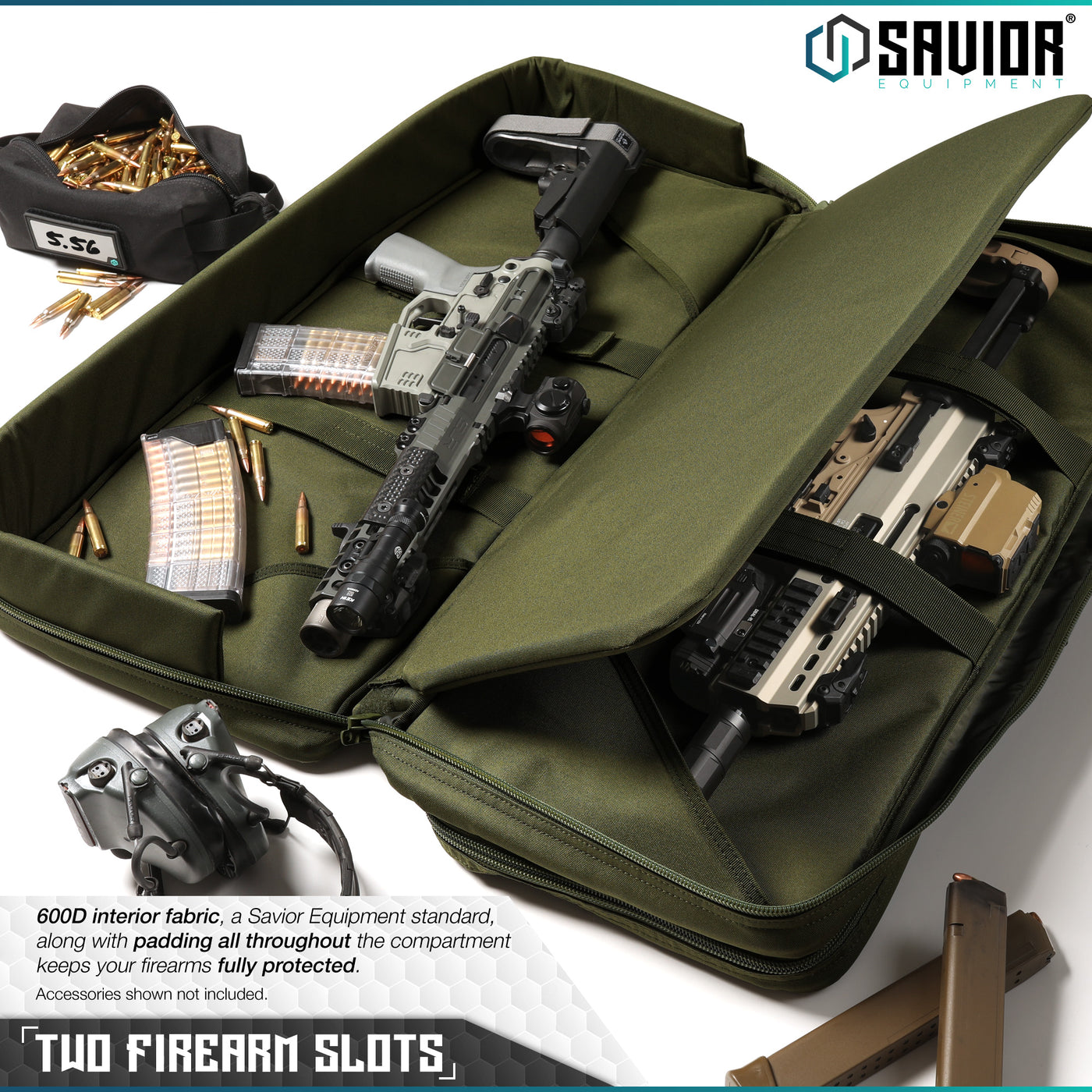Two Rifle Slots - 600D interior fabric, a Savior Equipment standard, along with padding all throughout the compartment keeps your firearms fully protected. Accessories shown not included.