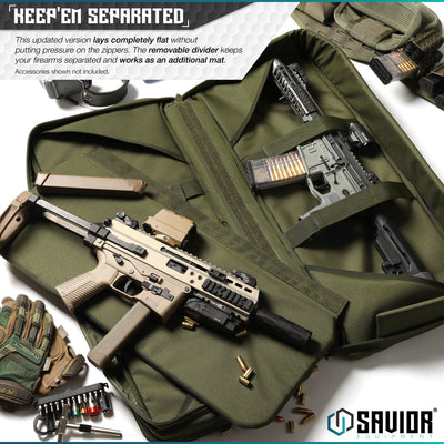 Keep'Em Separated - This updated version lays completely flat without putting pressure on the zippers. The removable divider keeps your firearms separated and works as an additional mat. Accessories shown not included.