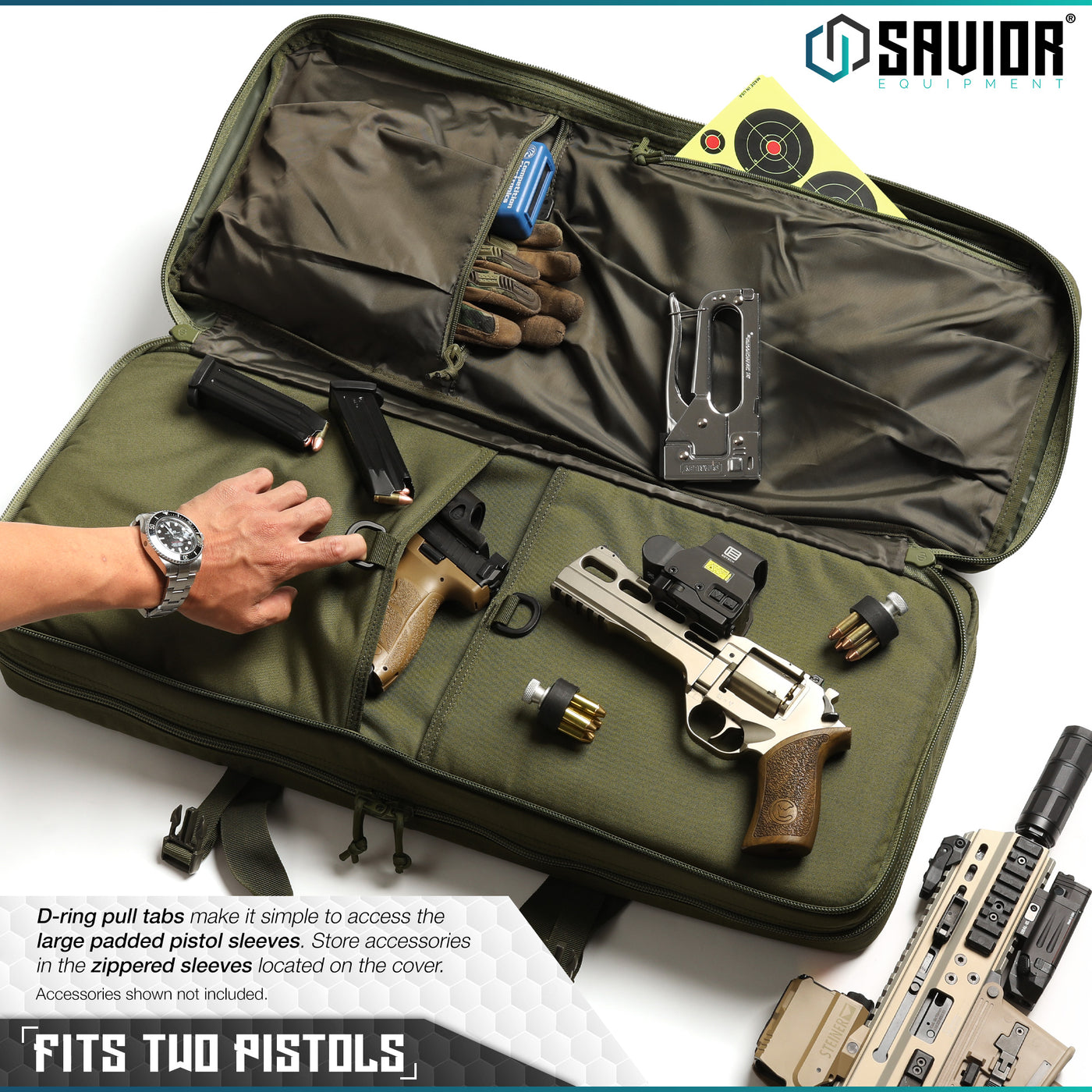 Fits Two Pistols - D-ring pull tabs make it simple to access the large padded pistol sleeve. Store accessories in the zippered sleeves located on the cover. Accessories shown not included.