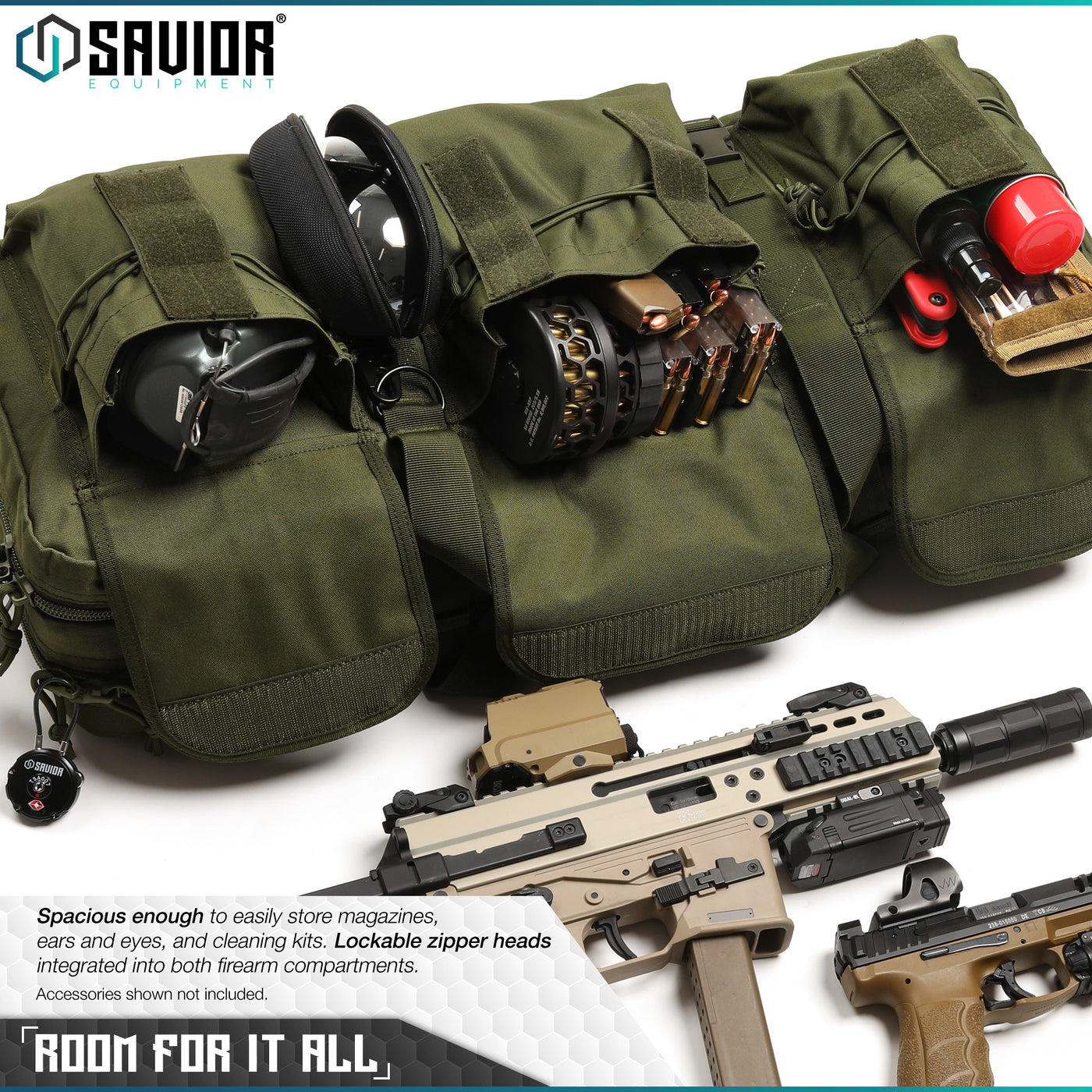 Room For It All - Spacious enough to easily store magazines, ears and eyes, and cleaning kits. Lockable zipper heads integrated into both firearm compartments. Accessories shown not included.