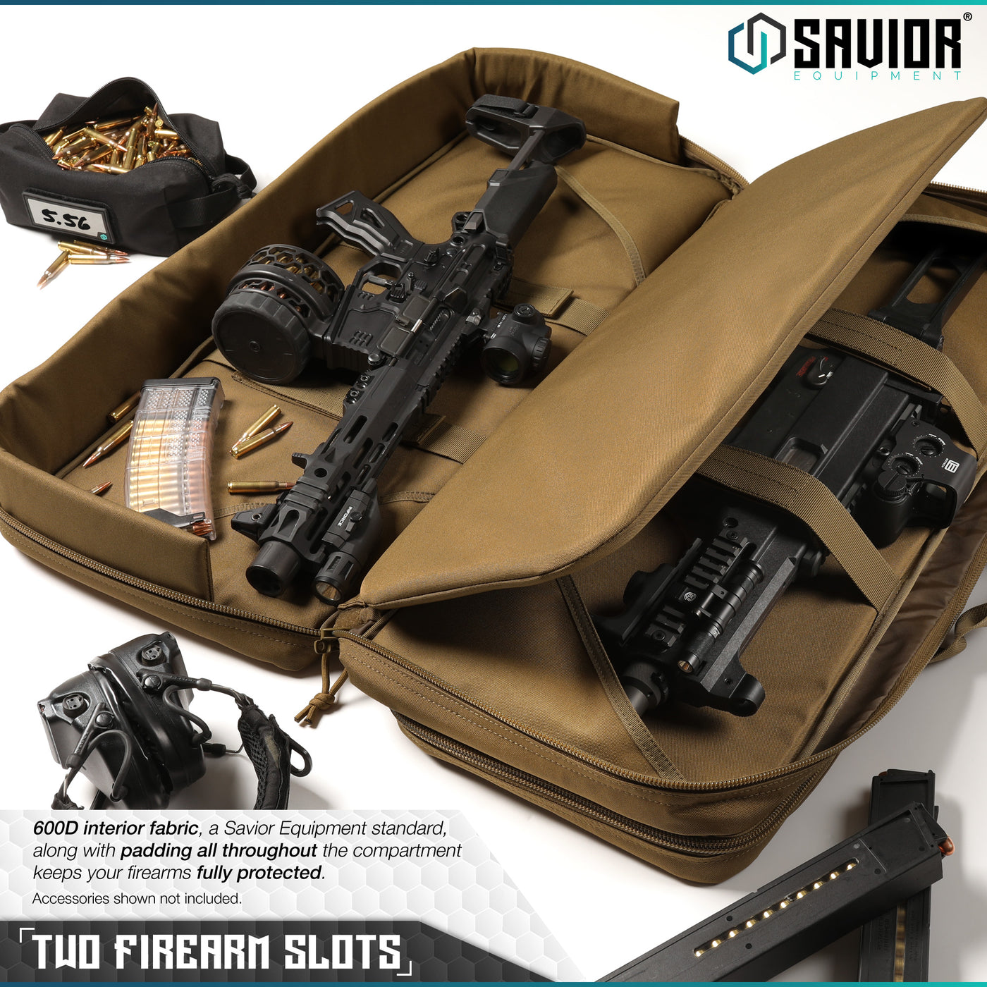 Two Rifle Slots - 600D interior fabric, a Savior Equipment standard, along with padding all throughout the compartment keeps your firearms fully protected. Accessories shown not included.