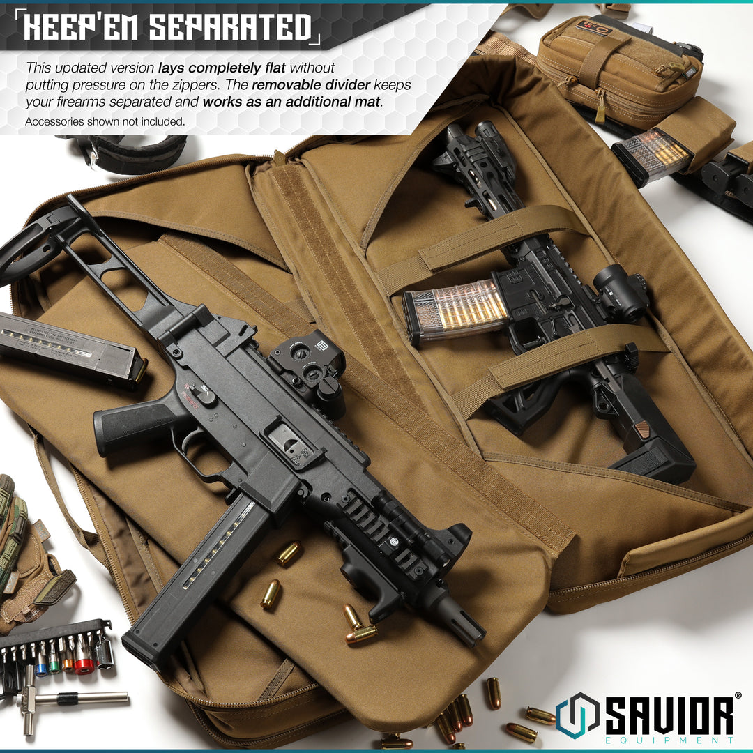 Keep'Em Separated - This updated version lays completely flat without putting pressure on the zippers. The removable divider keeps your firearms separated and works as an additional mat. Accessories shown not included.#color_dark-fde