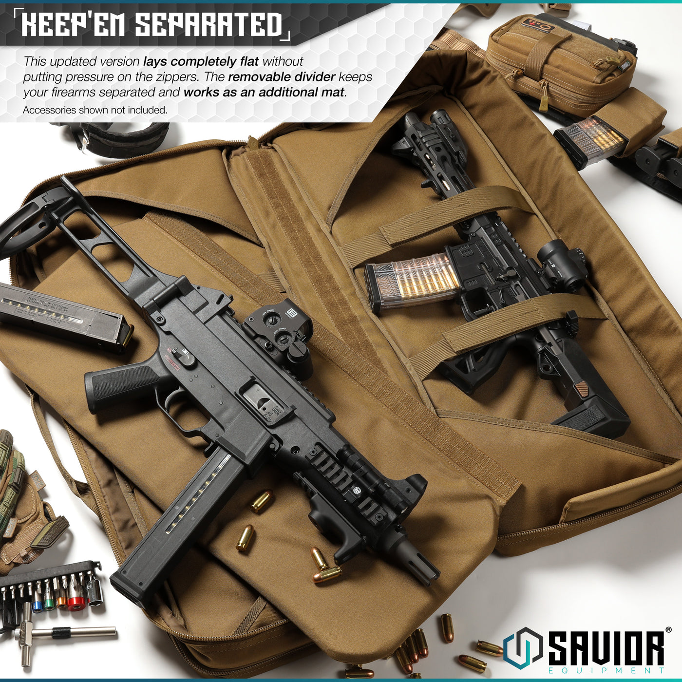 Keep'Em Separated - This updated version lays completely flat without putting pressure on the zippers. The removable divider keeps your firearms separated and works as an additional mat. Accessories shown not included.