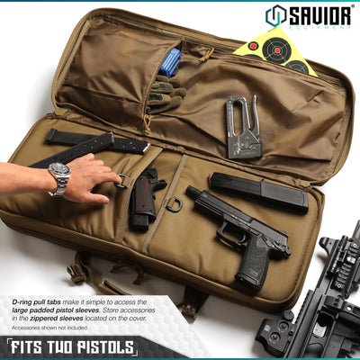 Fits Two Pistols - D-ring pull tabs make it simple to access the large padded pistol sleeve. Store accessories in the zippered sleeves located on the cover. Accessories shown not included.