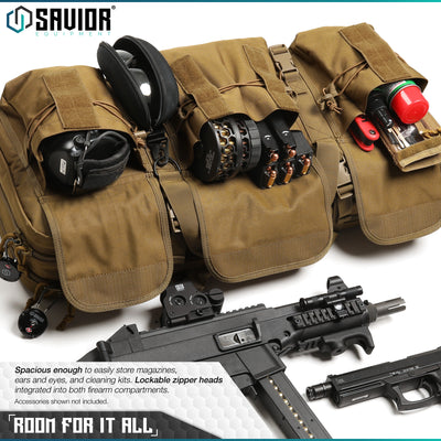 Room For It All - Spacious enough to easily store magazines, ears and eyes, and cleaning kits. Lockable zipper heads integrated into both firearm compartments. Accessories shown not included.#color_dark-fde