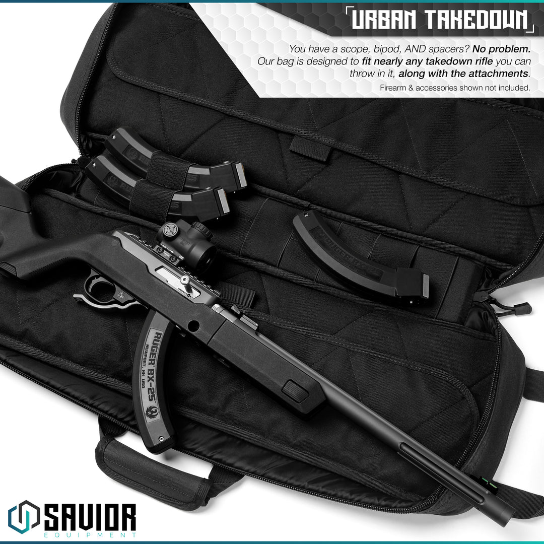 Urban Takedown - You have a scope, bipod, and spacers? No Problem. Our bag is designed to fit nearly any takedown rifle you can throw in it, along with the attachments. Firearms & accessories shown not included.#color_obsidian-black