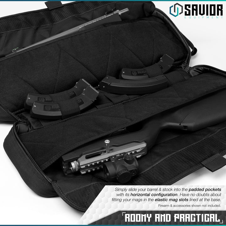 Roomy and Practical - Simply slide your barrel & stock into the padded pockets with its horizontal configuration. Have no doubts about fitting your mags in the elastic mag slots lined at the base. Firearms & accessories shown not included.#color_obsidian-black