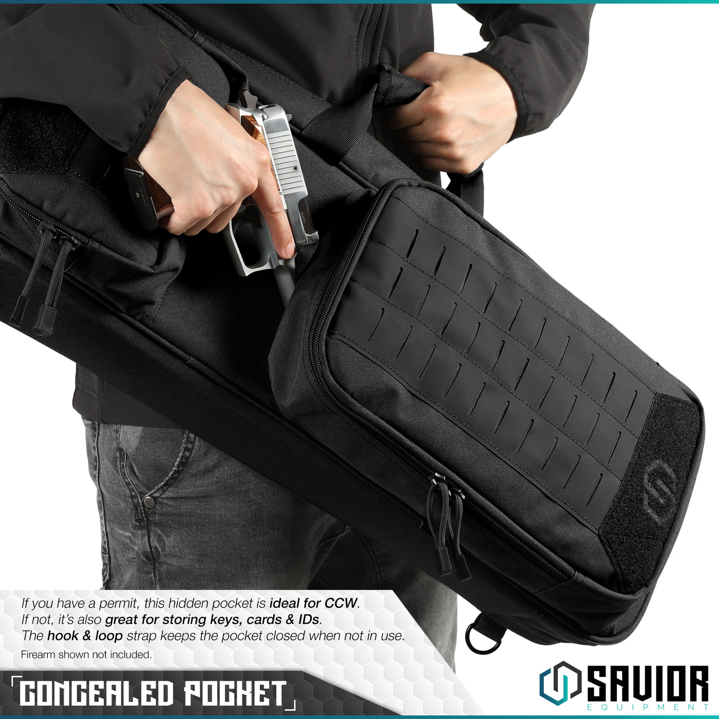 Concealed Pocket - If you have a permit, this hidden pocket is ideal for CCW. If not, it’s also great for storing keys, cards & IDs. The hook & loop strap keeps the pocket closed when not in use. Firearm shown not included.