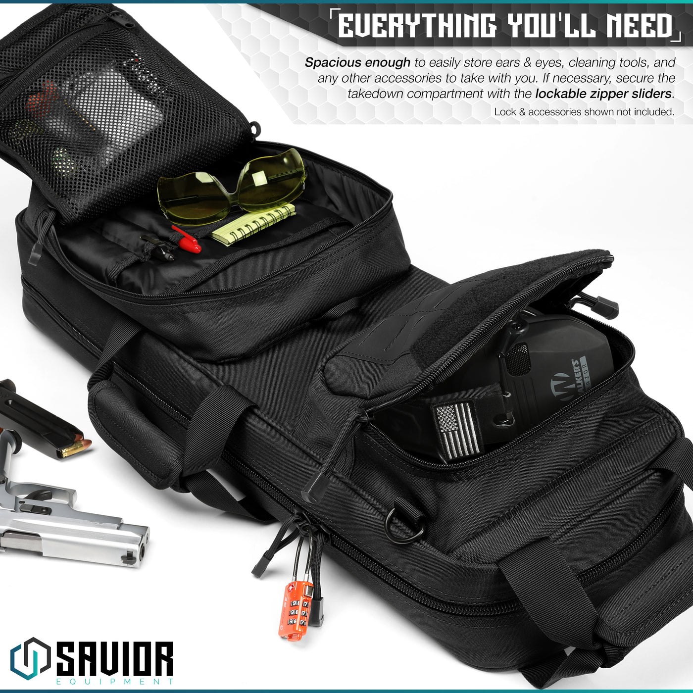 Everything You’ll Need - Spacious enough to easily store ears & eyes, cleaning tools, and any other accessories to take with you. If necessary, secure the carbine compartment with the lockable zipper sliders. Lock & accessories shown not included.
