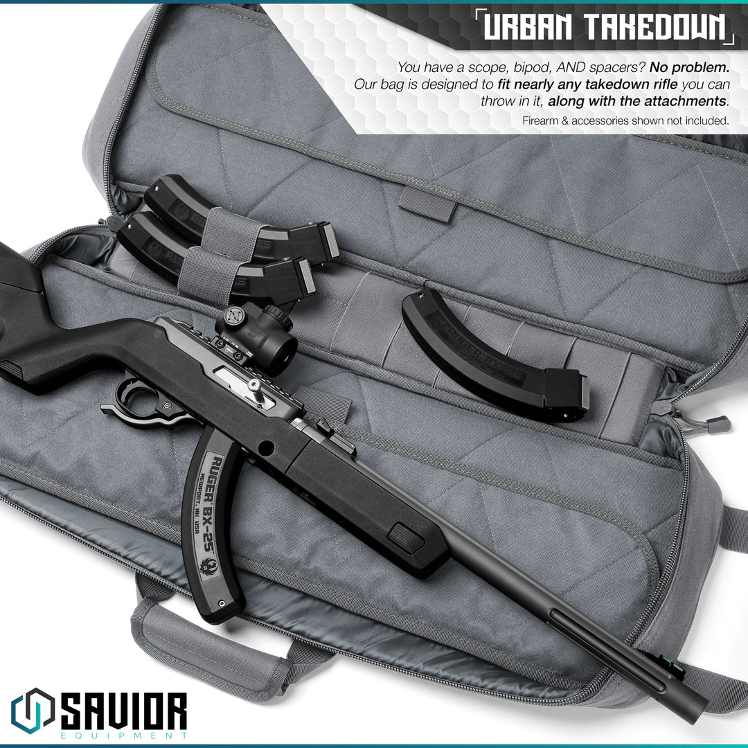 Urban Takedown - You have a scope, bipod, and spacers? No Problem. Our bag is designed to fit nearly any takedown rifle you can throw in it, along with the attachments. Firearms & accessories shown not included.#color_sw-gray