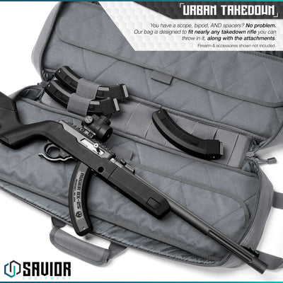 Urban Takedown - You have a scope, bipod, and spacers? No Problem. Our bag is designed to fit nearly any takedown rifle you can throw in it, along with the attachments. Firearms & accessories shown not included.#color_sw-gray