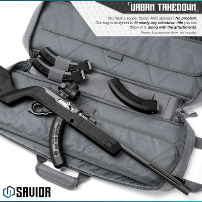 Urban Takedown - You have a scope, bipod, and spacers? No Problem. Our bag is designed to fit nearly any takedown rifle you can throw in it, along with the attachments. Firearms & accessories shown not included.