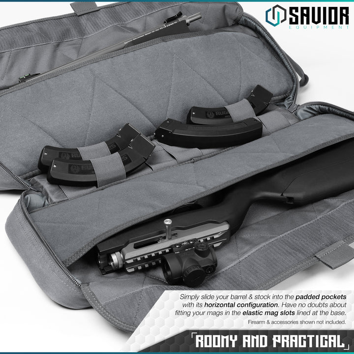 Roomy and Practical - Simply slide your barrel & stock into the padded pockets with its horizontal configuration. Have no doubts about fitting your mags in the elastic mag slots lined at the base. Firearms & accessories shown not included.#color_sw-gray
