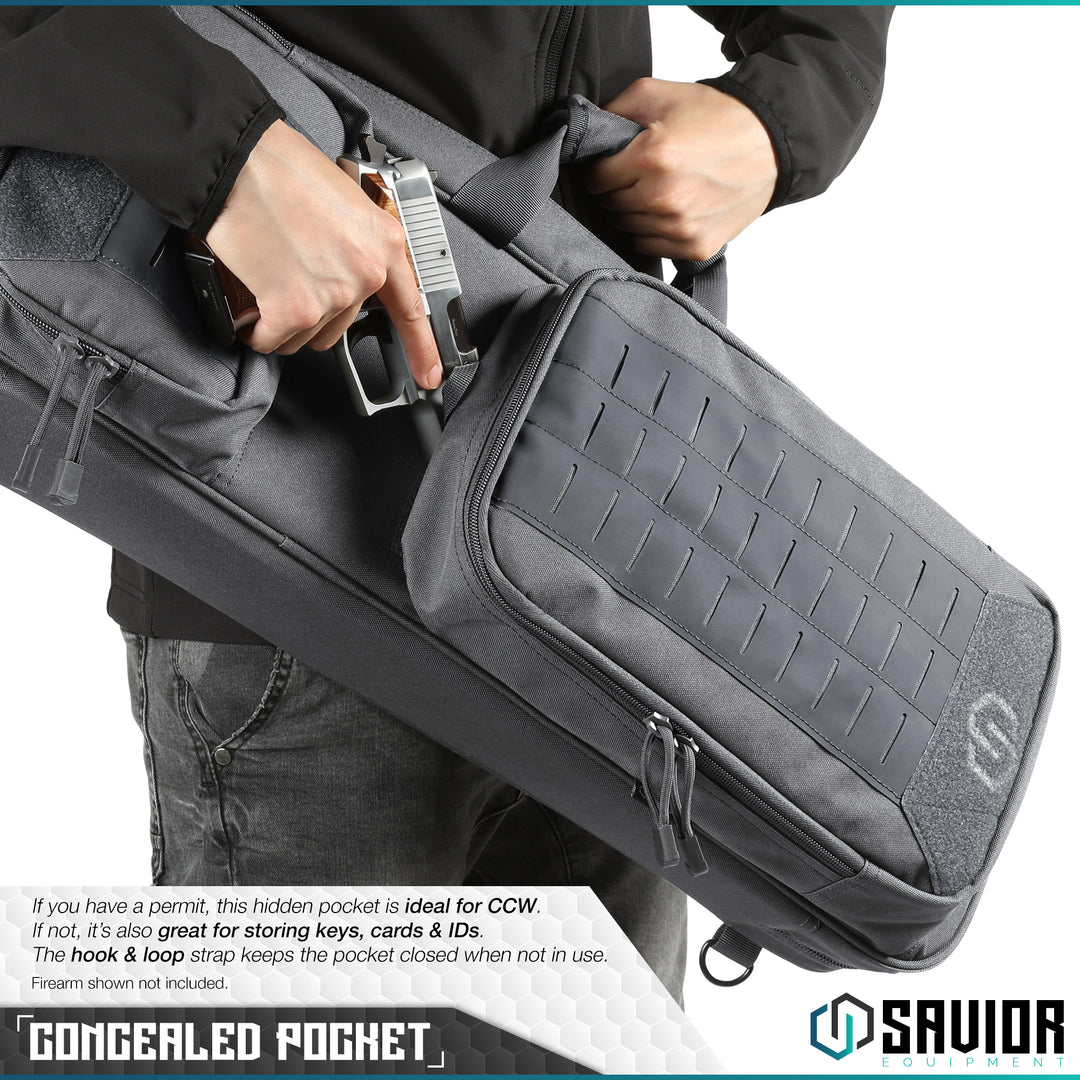 Concealed Pocket - If you have a permit, this hidden pocket is ideal for CCW. If not, it?€?s also great for storing keys, cards & IDs. The hook & loop strap keeps the pocket closed when not in use. Firearm shown not included.#color_sw-gray