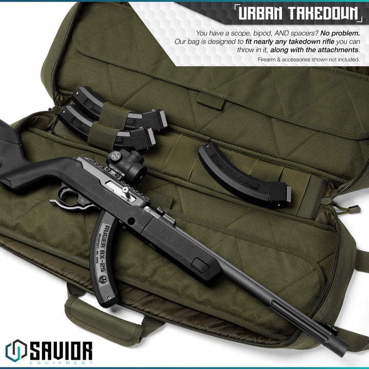 Urban Takedown - You have a scope, bipod, and spacers? No Problem. Our bag is designed to fit nearly any takedown rifle you can throw in it, along with the attachments. Firearms & accessories shown not included.#color_od-green