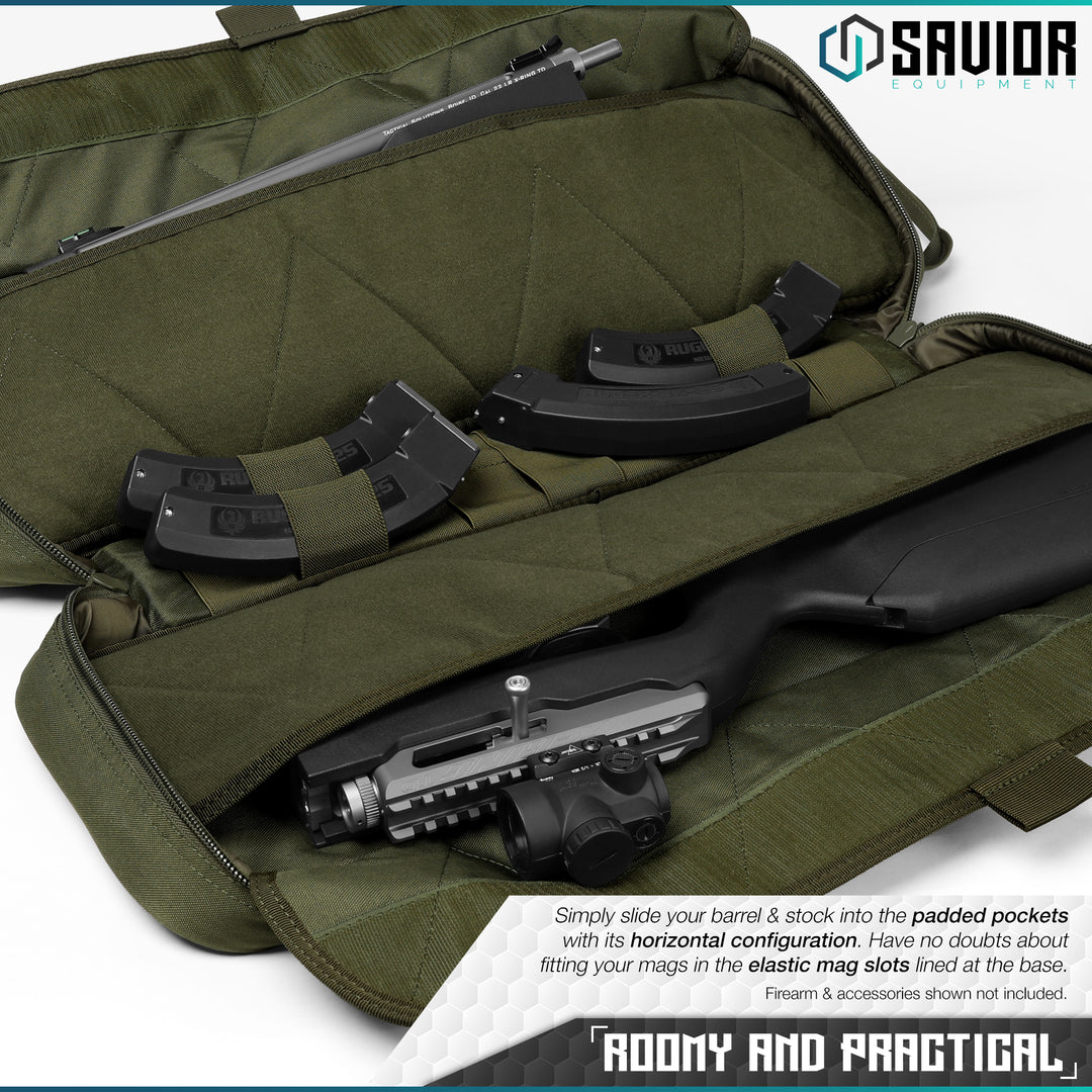 Roomy and Practical - Simply slide your barrel & stock into the padded pockets with its horizontal configuration. Have no doubts about fitting your mags in the elastic mag slots lined at the base. Firearms & accessories shown not included.#color_od-green