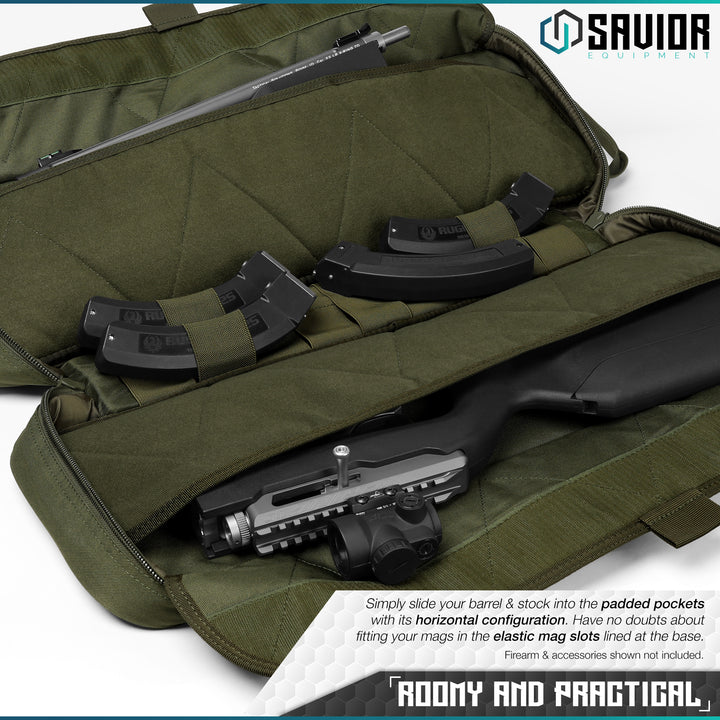 Roomy and Practical - Simply slide your barrel & stock into the padded pockets with its horizontal configuration. Have no doubts about fitting your mags in the elastic mag slots lined at the base. Firearms & accessories shown not included.#color_od-green