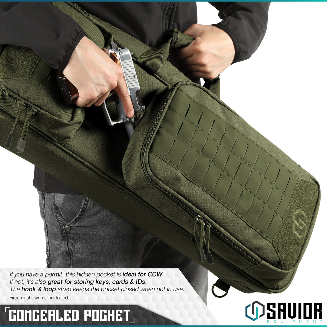 Concealed Pocket - If you have a permit, this hidden pocket is ideal for CCW. If not, it?€?s also great for storing keys, cards & IDs. The hook & loop strap keeps the pocket closed when not in use. Firearm shown not included.#color_od-green
