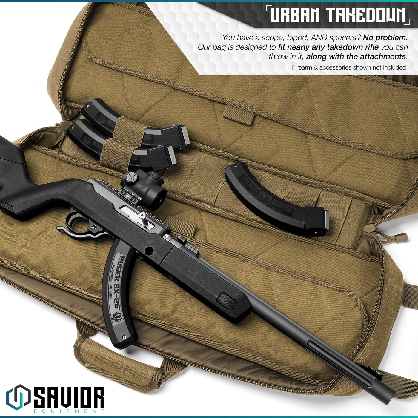Urban Takedown - You have a scope, bipod, and spacers? No Problem. Our bag is designed to fit nearly any takedown rifle you can throw in it, along with the attachments. Firearms & accessories shown not included.