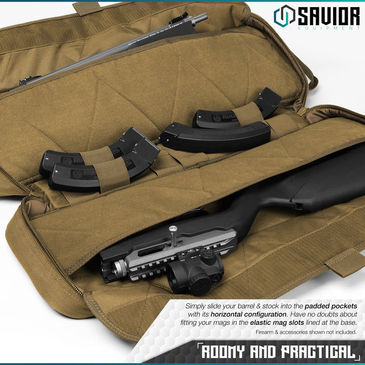 Roomy and Practical - Simply slide your barrel & stock into the padded pockets with its horizontal configuration. Have no doubts about fitting your mags in the elastic mag slots lined at the base. Firearms & accessories shown not included.#color_dark-fde