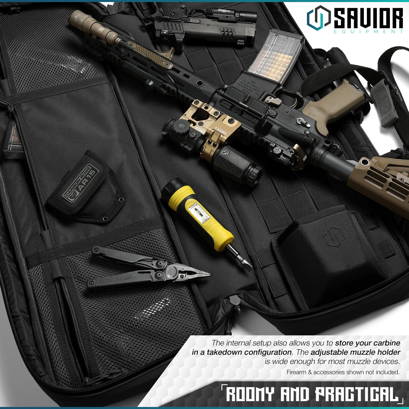 Roomy and Practical - The internal setup also allows you to store your carbine in a takedown configuration. The adjustable muzzle holder is wide enough for most muzzle devices. Firearm & accessories shown not included.