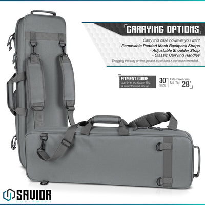 Carrying Options - Carry this case however you want. Hideable padded mesh backpack straps. Adjustable shoulder strap. Classic carrying handles. Dragging this bag on the ground is not ideal and not recommended. Fitment guide - add 2" to the firearm OAL & select the next size up. 30" size Fits firearm up to 28". When in doubt, size up for the best fitment.