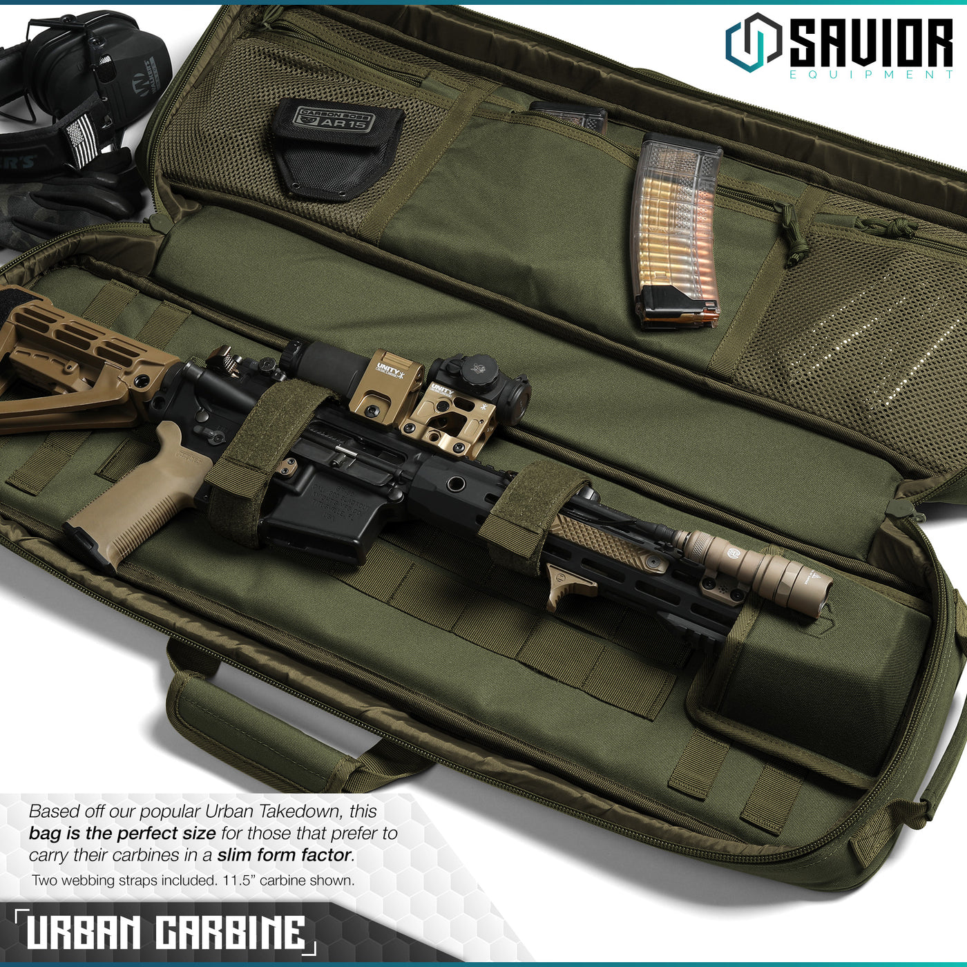 Urban Carbine - Based off our popular Urban Takedown, this bag is the perfect size for those that prefer to carry their carbines in a slim form factor. Two webbing straps included. 11.5" carbine shown.