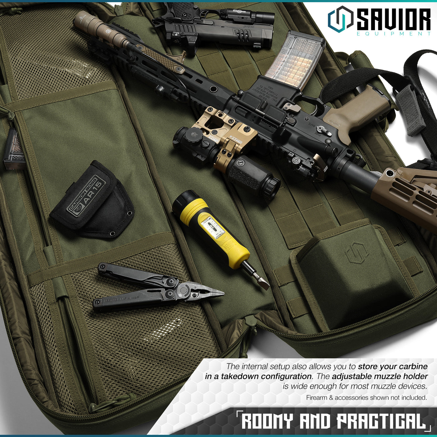 Roomy and Practical - The internal setup also allows you to store your carbine in a takedown configuration. The adjustable muzzle holder is wide enough for most muzzle devices. Firearm & accessories shown not included.