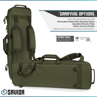 Carrying Options - Carry this case however you want. Hideable padded mesh backpack straps. Adjustable shoulder strap. Classic carrying handles. Dragging this bag on the ground is not ideal and not recommended. Fitment guide - add 2" to the firearm OAL & select the next size up. 30" size Fits firearm up to 28". When in doubt, size up for the best fitment.