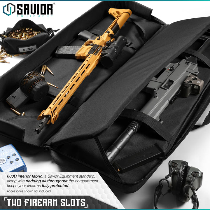 Two Rifle Slots - 600D interior fabric, a Savior Equipment standard, along with padding all throughout the compartment keeps your firearms fully protected. Accessories shown not included.#color_obsidian-black