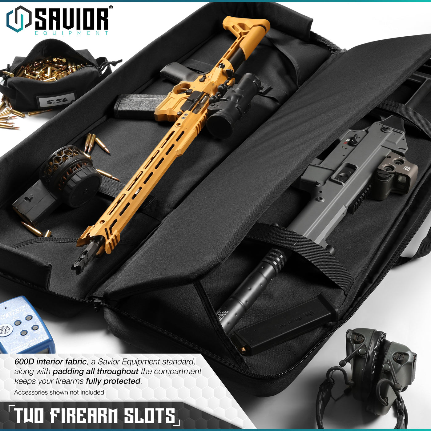 Two Rifle Slots - 600D interior fabric, a Savior Equipment standard, along with padding all throughout the compartment keeps your firearms fully protected. Accessories shown not included.