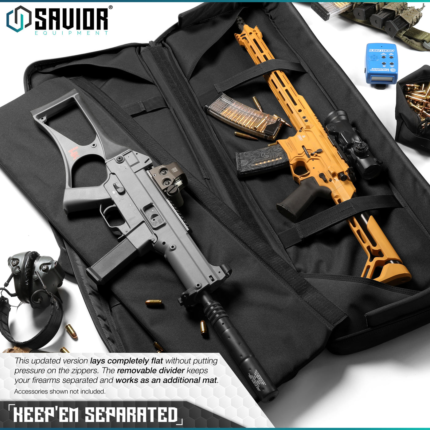 Keep'Em Separated - This updated version lays completely flat without putting pressure on the zippers. The removable divider keeps your firearms separated and works as an additional mat. Accessories shown not included.