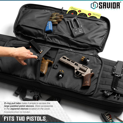 Fits Two Pistols - D-ring pull tabs make it simple to access the large padded pistol sleeve. Store accessories in the zippered sleeves located on the cover. Accessories shown not included.