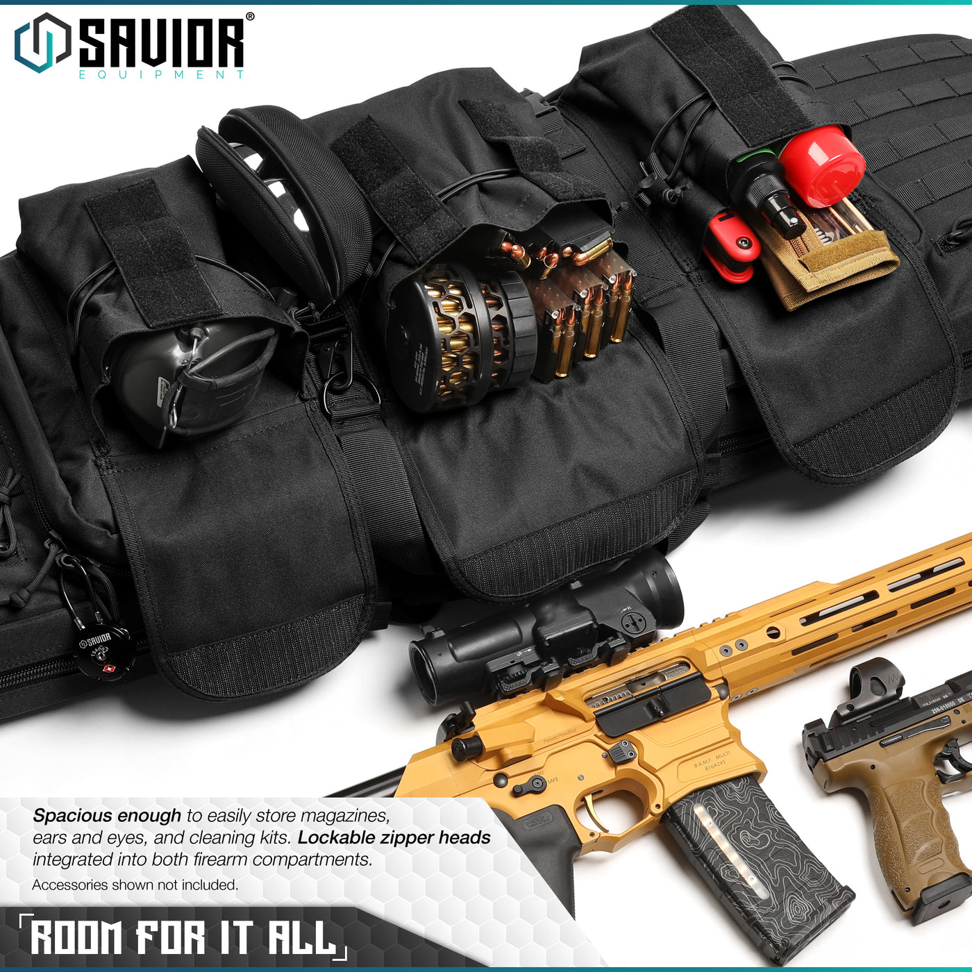 Room For It All - Spacious enough to easily store magazines, ears and eyes, and cleaning kits. Lockable zipper heads integrated into both firearm compartments. Accessories shown not included.#color_obsidian-black