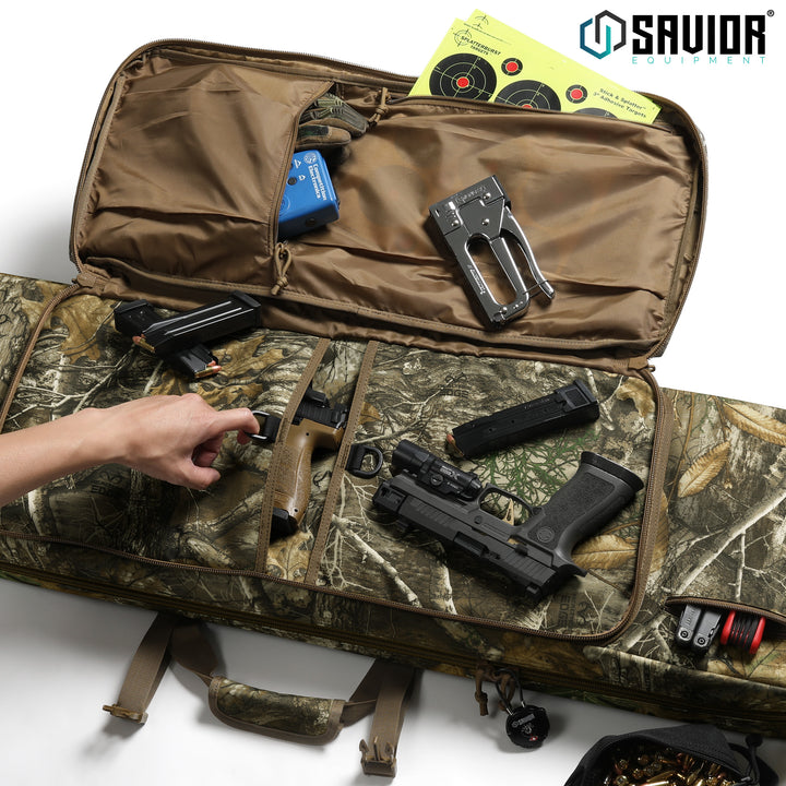 Fits Two Pistols - D-ring pull tabs make it simple to access the large padded pistol sleeve. Store accessories in the zippered sleeves located on the cover. Accessories shown not included.#color_realtree-edge