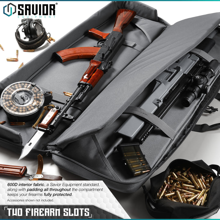 Two Rifle Slots - 600D interior fabric, a Savior Equipment standard, along with padding all throughout the compartment keeps your firearms fully protected. Accessories shown not included.#color_sw-gray
