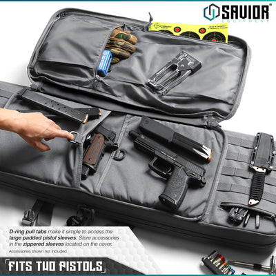 Fits Two Pistols - D-ring pull tabs make it simple to access the large padded pistol sleeve. Store accessories in the zippered sleeves located on the cover. Accessories shown not included.