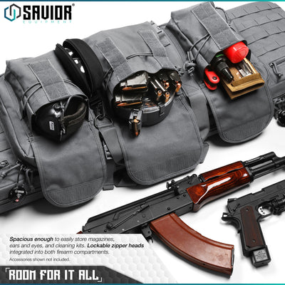 Room For It All - Spacious enough to easily store magazines, ears and eyes, and cleaning kits. Lockable zipper heads integrated into both firearm compartments. Accessories shown not included.#color_sw-gray