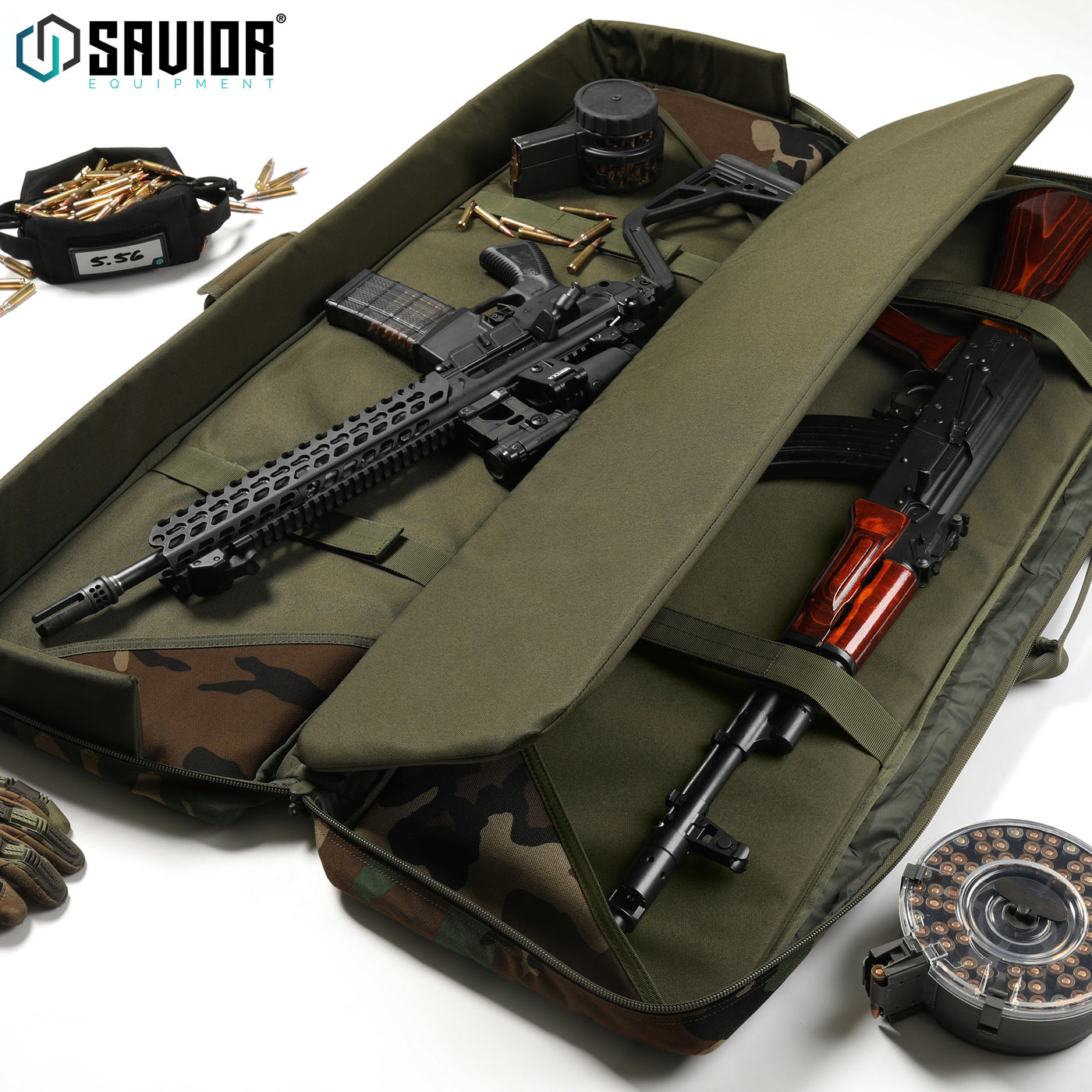 Two Rifle Slots - 1000D fabric along with padding all throughout the compartment keeps your firearms fully protected. Accessories shown not included.